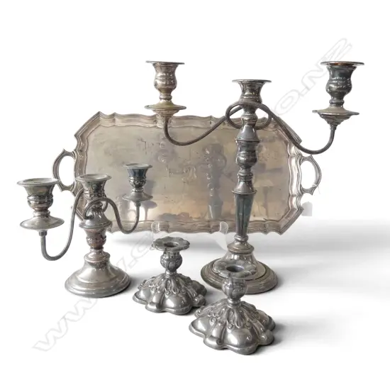 SILVER PLATE TRAY L600MM 2 3 BRANCH S/PLATE CANDERLABRA & PR S/PLATE CANDLESTICKS