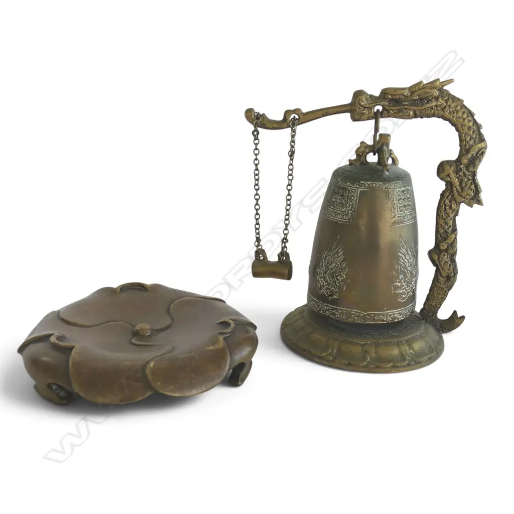 CHINESE BRASS BELL + LOTUS STAND Dia.125mm Image 1++