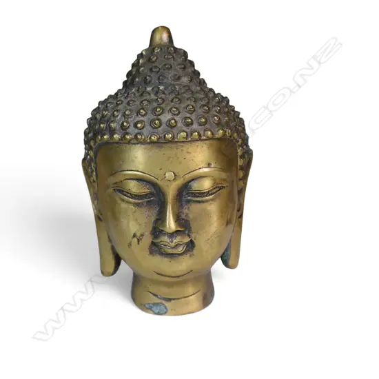 SINO- TIBETAN BRASS BUDDHA HEAD WITH PROMINENT URNA, STAMP AT THE BASE,H.140 X 40MM