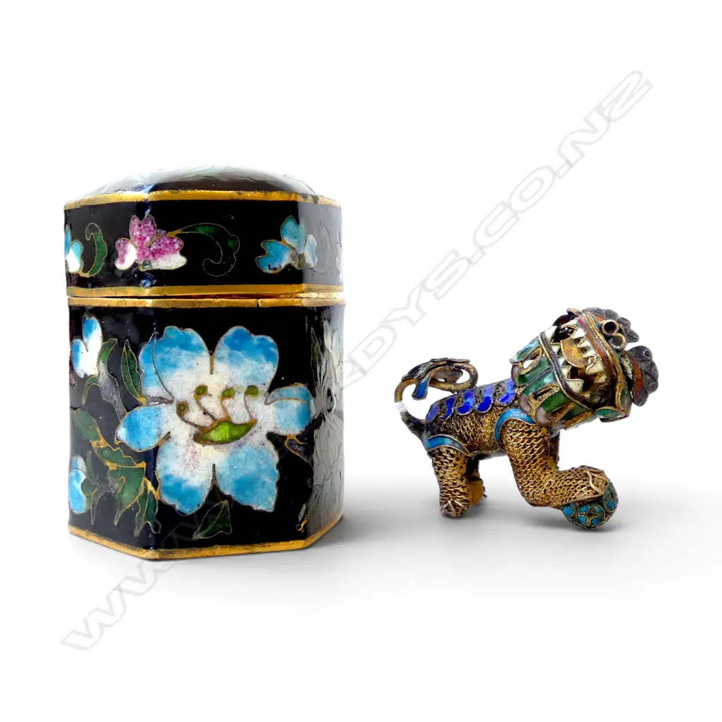 CLOISONNE LIDDED CONTAINER H.60mm + ARTICULATED FU DOG LION Image 1++