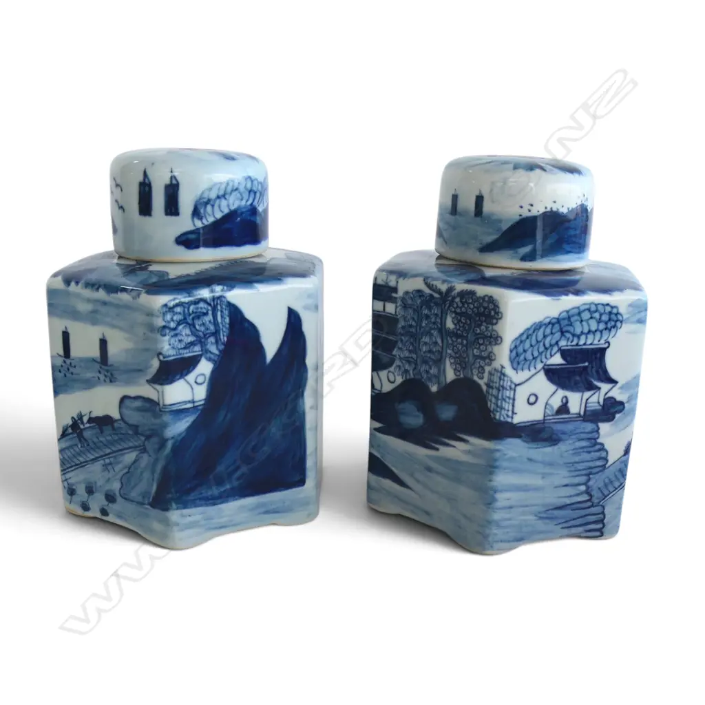 PAIR CHINESE BLUE & WHITE HANDPAINTED TEA CADDYS, hairline crack to one lid, W.140mm H.165mm Image 1++