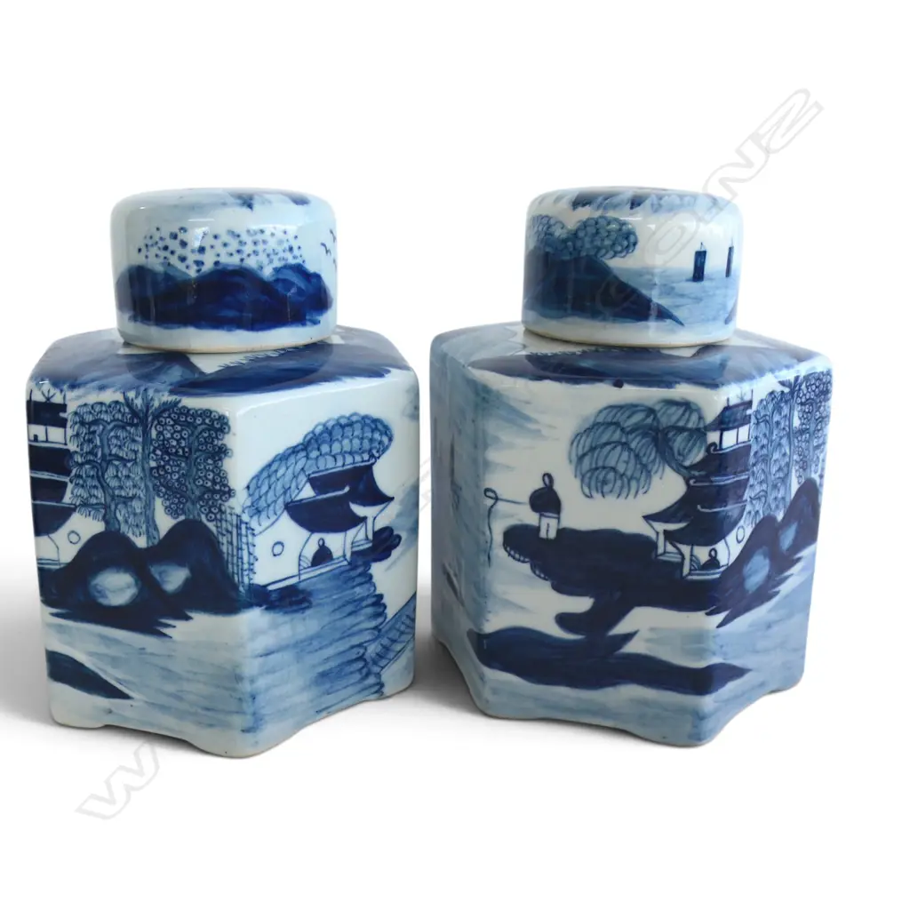 PAIR CHINESE BLUE & WHITE HANDPAINTED TEA CADDYS, hairline crack to one lid, W.140mm H.165mm Image 1++