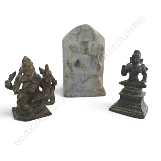 INDIAN CAST BRONZE GANESH & OTHER DEITY + STONE DEVOTIONAL PLAQUE H.105mm