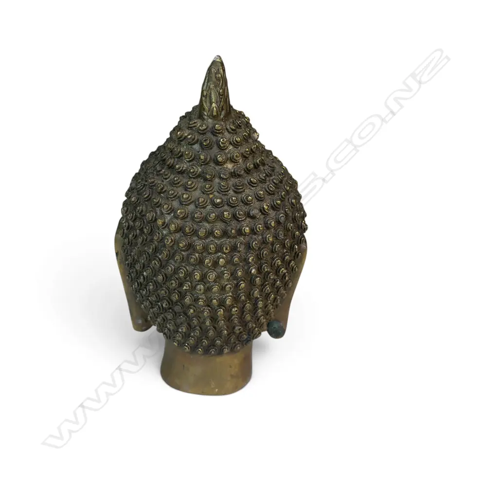 CHINESE CAST BRASS MEDITATIVE BUDDHA HEAD WITH SNAIL CURL HAIR & URNA, STAMP AT THE BOTTOM,40 X 150MM Image 1++