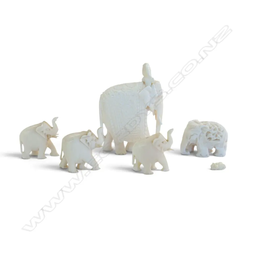 FIVE IVORY CARVED ELEPHANTS (rider's head requires gluing on), L.25-45mm, H.20-60mm Image 1++