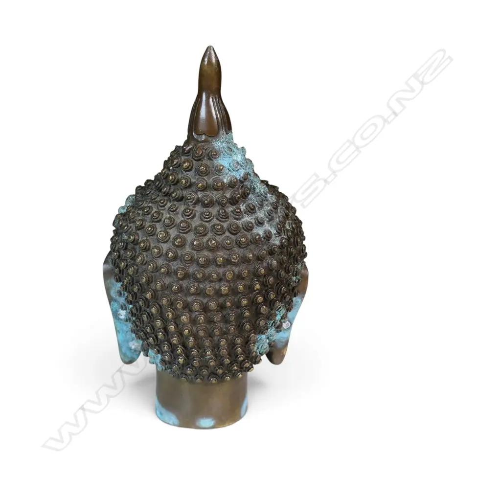  CHINESE BRASS COPPER FINISH MEDITATIVE BUDDHA HEAD WITH SNAIL CURL HAIR, STAMP AT THE BOTTOM OXIDATION, 170 X 50MM Image 1++