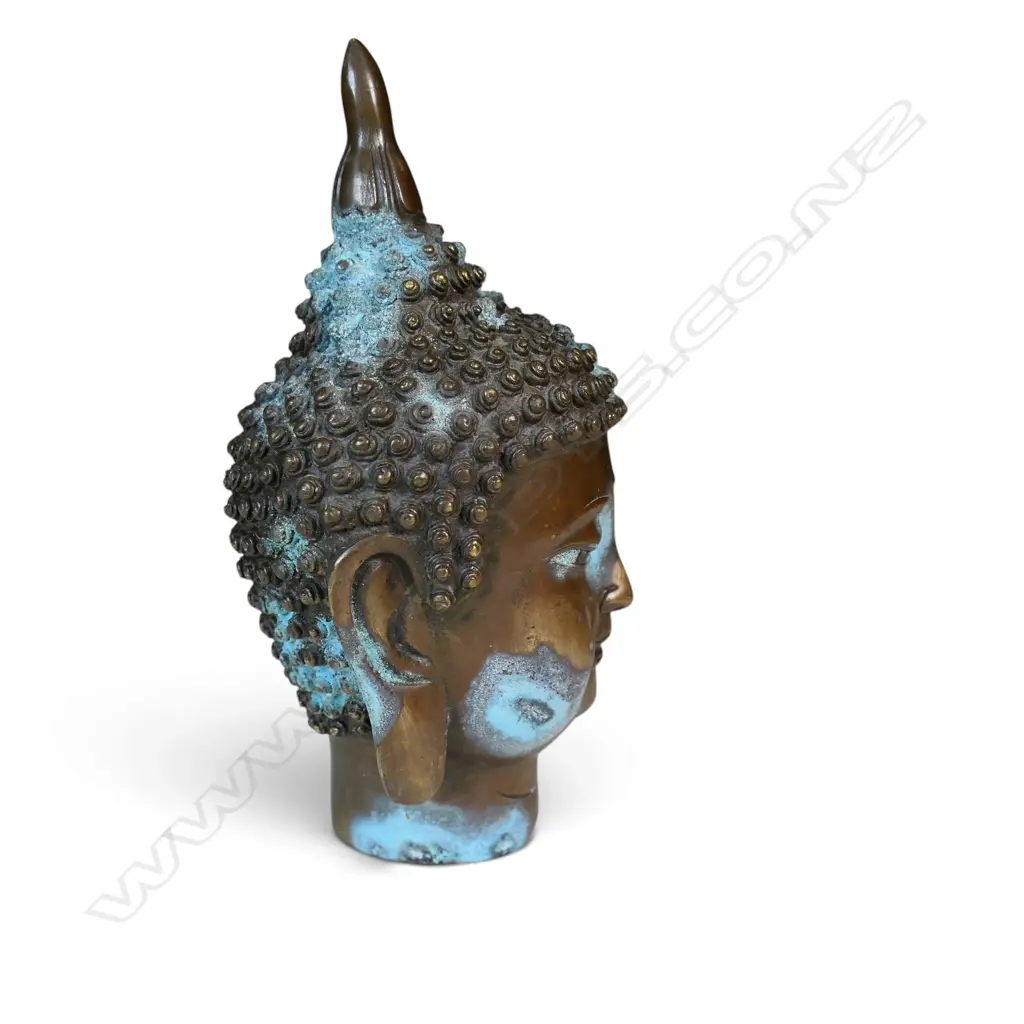  CHINESE BRASS COPPER FINISH MEDITATIVE BUDDHA HEAD WITH SNAIL CURL HAIR, STAMP AT THE BOTTOM OXIDATION, 170 X 50MM Image 1++