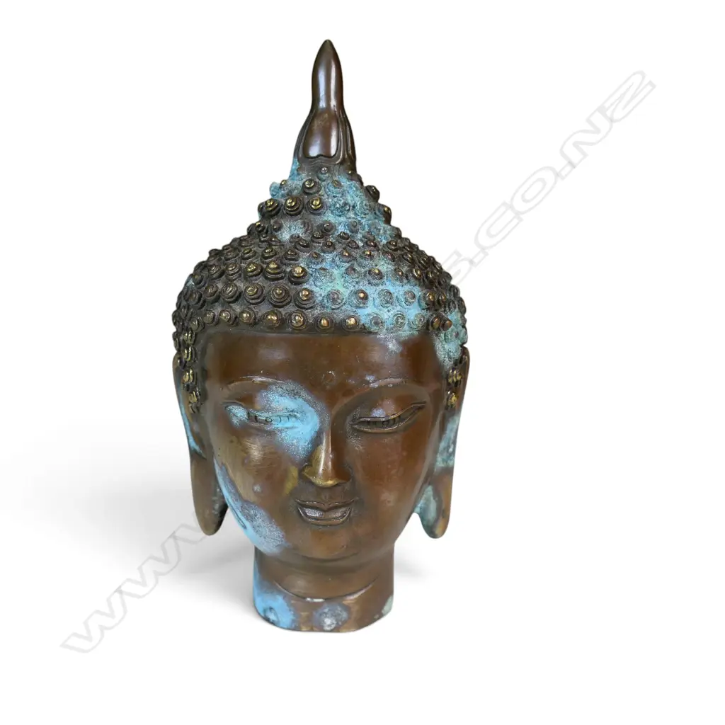  CHINESE BRASS COPPER FINISH MEDITATIVE BUDDHA HEAD WITH SNAIL CURL HAIR, STAMP AT THE BOTTOM OXIDATION, 170 X 50MM Image 1++