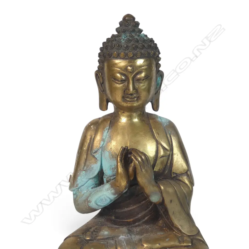 SINO-TIBETAN STYLE GILDED MEDITATIVE BUDDHA SEATED ON A CARVED LOTUS PEDESTAL, VERDIGRIS,140 X 300MM Image 1++