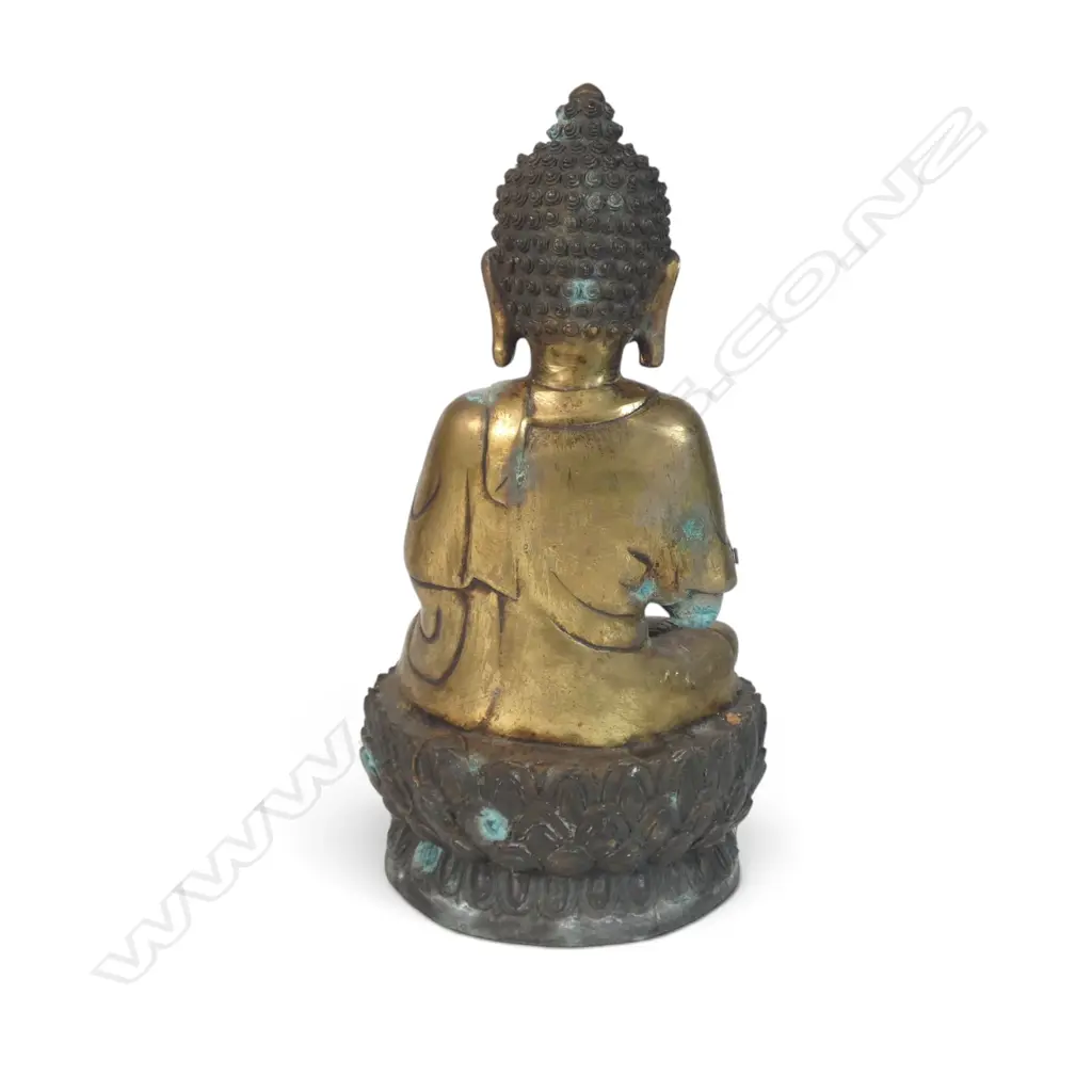 SINO-TIBETAN STYLE GILDED MEDITATIVE BUDDHA SEATED ON A CARVED LOTUS PEDESTAL, VERDIGRIS,140 X 300MM Image 1++