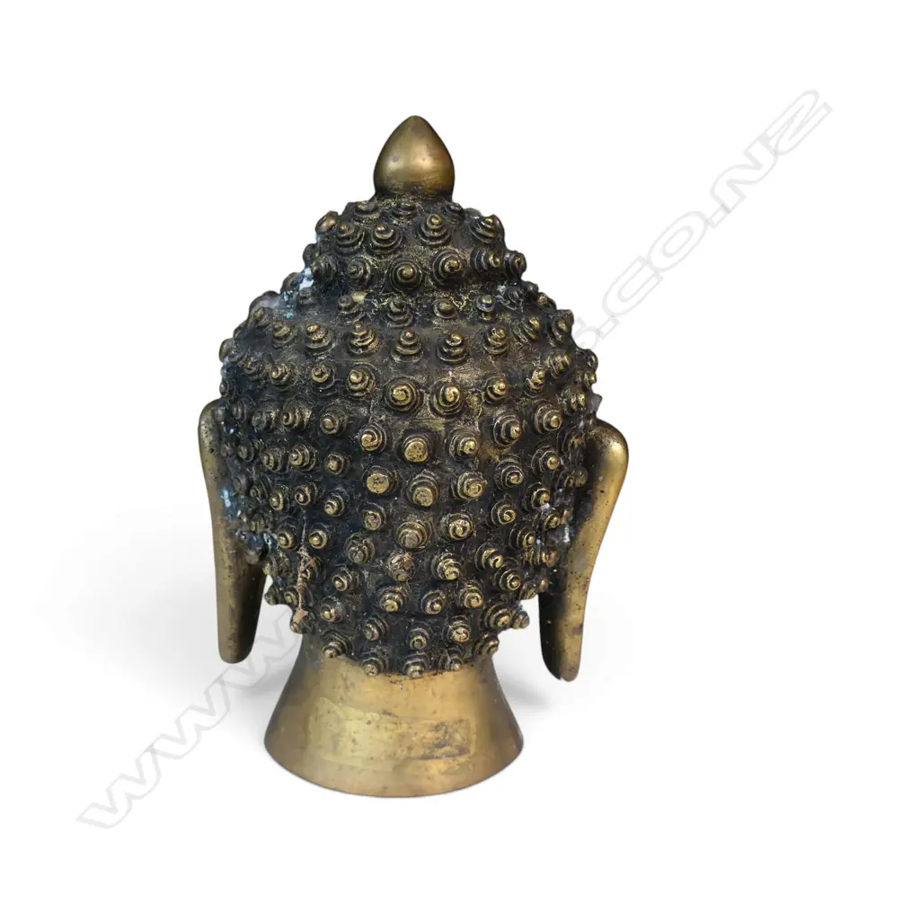 HEAVY SINO- TIBETAN BRASS MEDITATIVE BUDDHA HEAD WITH URNA, H.220 X 90MM Image 1++