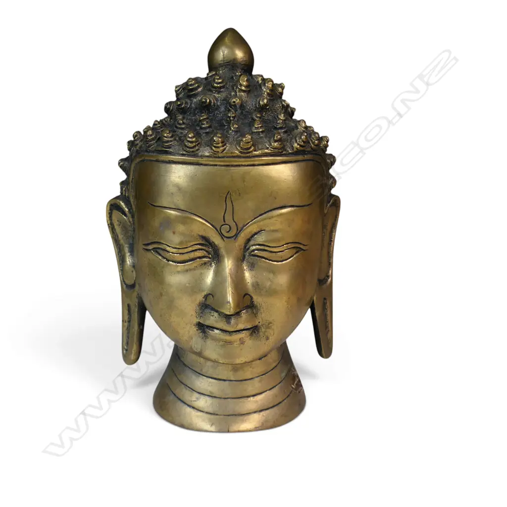 HEAVY SINO- TIBETAN BRASS MEDITATIVE BUDDHA HEAD WITH URNA, H.220 X 90MM Image 1++