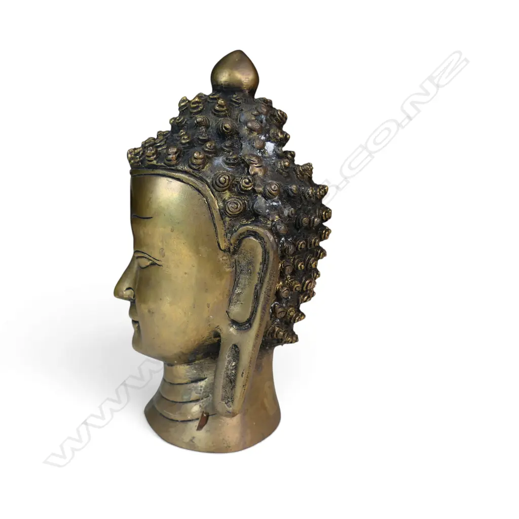 HEAVY SINO- TIBETAN BRASS MEDITATIVE BUDDHA HEAD WITH URNA, H.220 X 90MM Image 1++