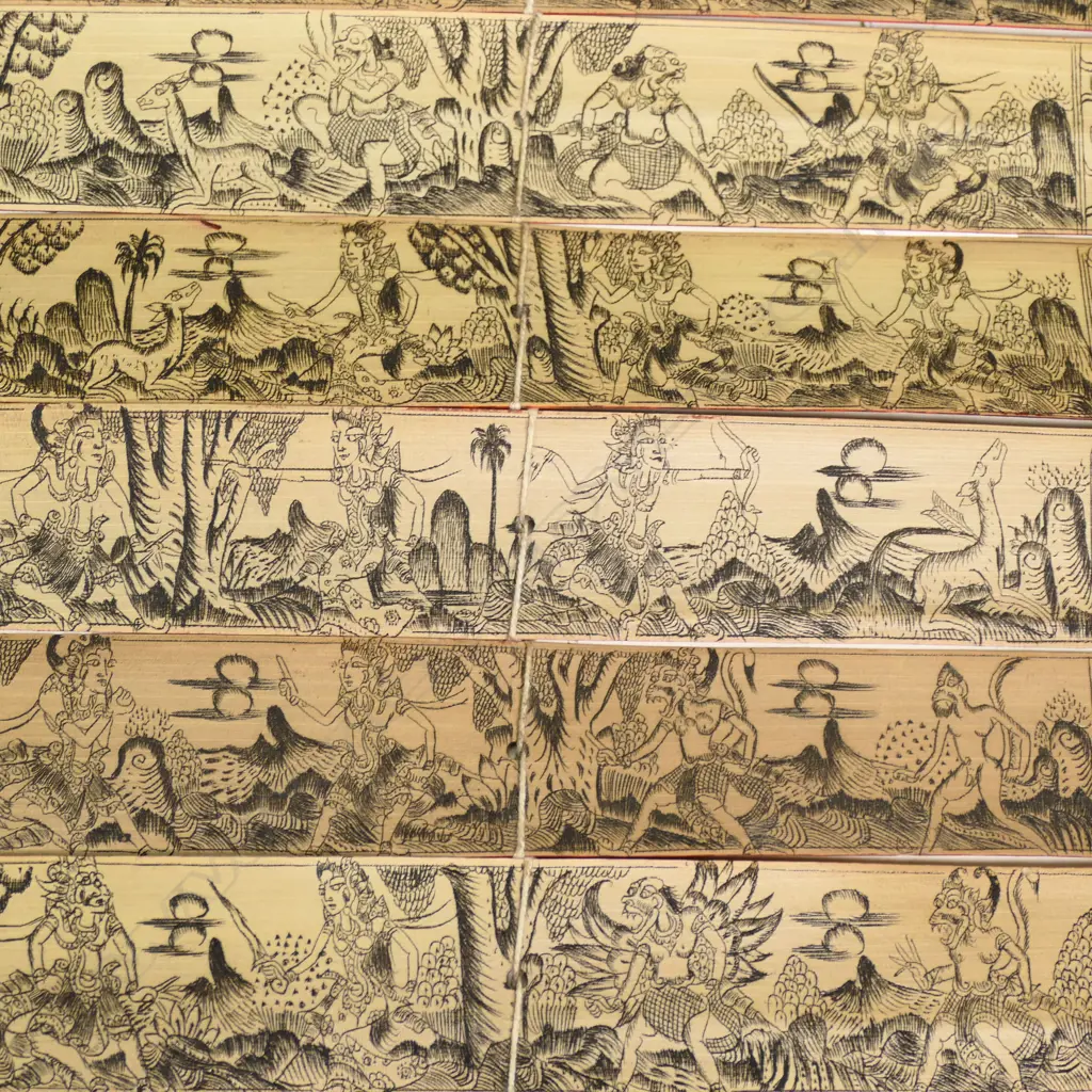 TRADITIONAL  INDONESIAN SCROLL MADE OF ENGRAVED PALM LEAVES FEATURING THE RAMAYANA, 260 X 370MM Image 1++