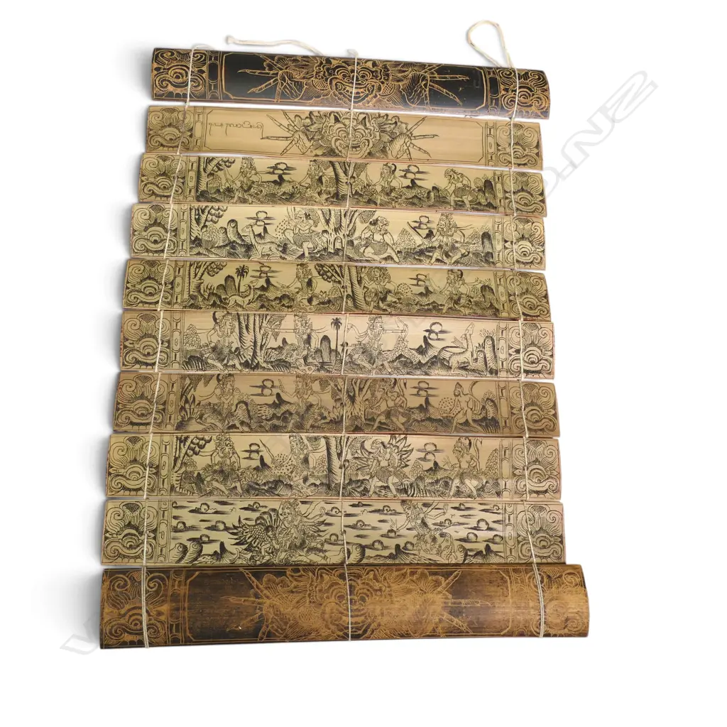 TRADITIONAL  INDONESIAN SCROLL MADE OF ENGRAVED PALM LEAVES FEATURING THE RAMAYANA, 260 X 370MM Image 1++