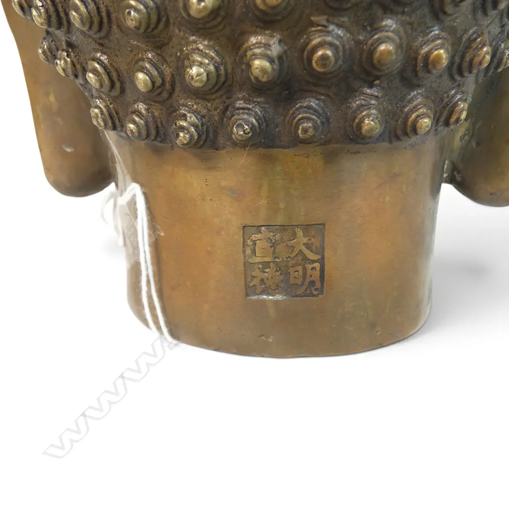 VINTAGE CHINESE BRASS HEAVY CONTEMPLATIVE BUDDHA HEAD WITH COPPER FINISH, STAMP TO BASE,90 X 250MM Image 1++