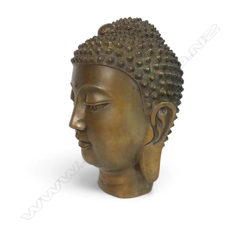 VINTAGE CHINESE BRASS HEAVY CONTEMPLATIVE BUDDHA HEAD WITH COPPER FINISH, STAMP TO BASE,90 X 250MM Image 1++