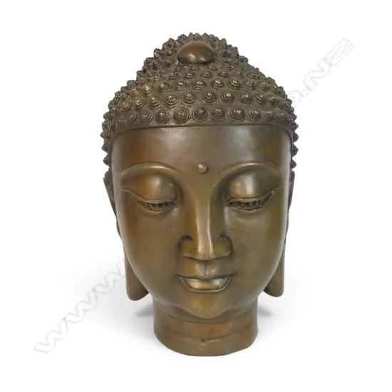 VINTAGE CHINESE BRASS HEAVY CONTEMPLATIVE BUDDHA HEAD WITH COPPER FINISH, STAMP TO BASE,90 X 250MM