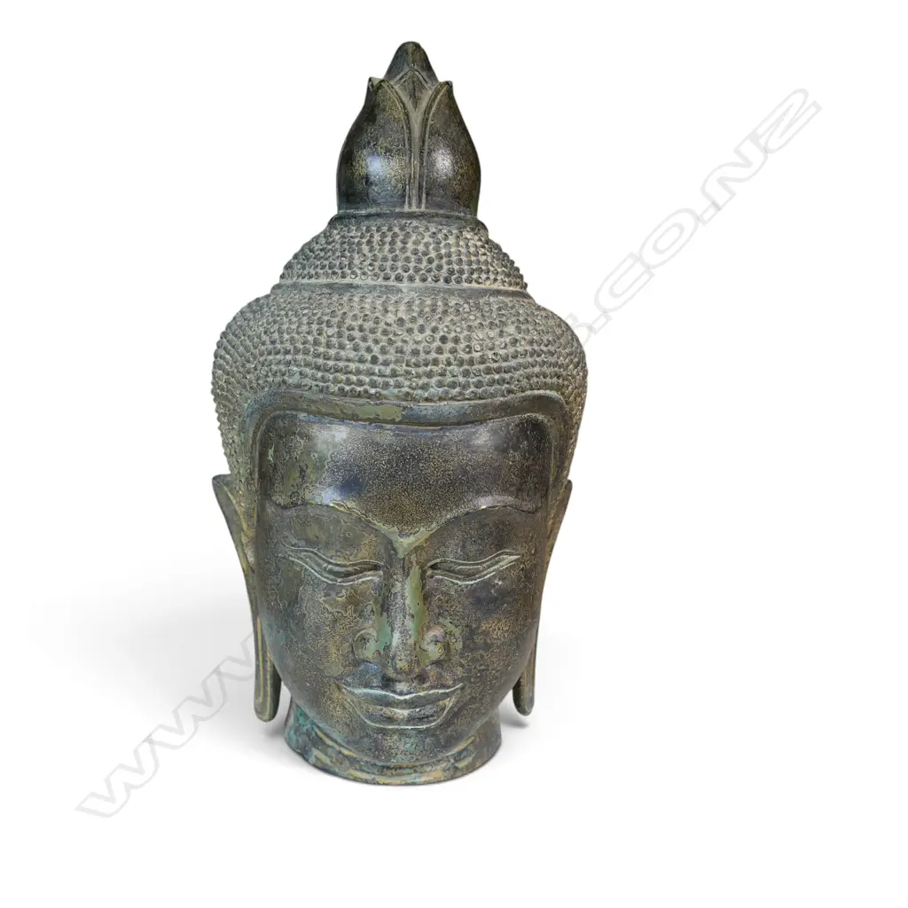 KHMER STYLE CAST BRONZE MEDITATIVE BUDDHA HEAD WITH VERDIGRIS FINISH & GOLD HIGHLIGHTS, AGED PATINA, 320 X 100MM Image 1++