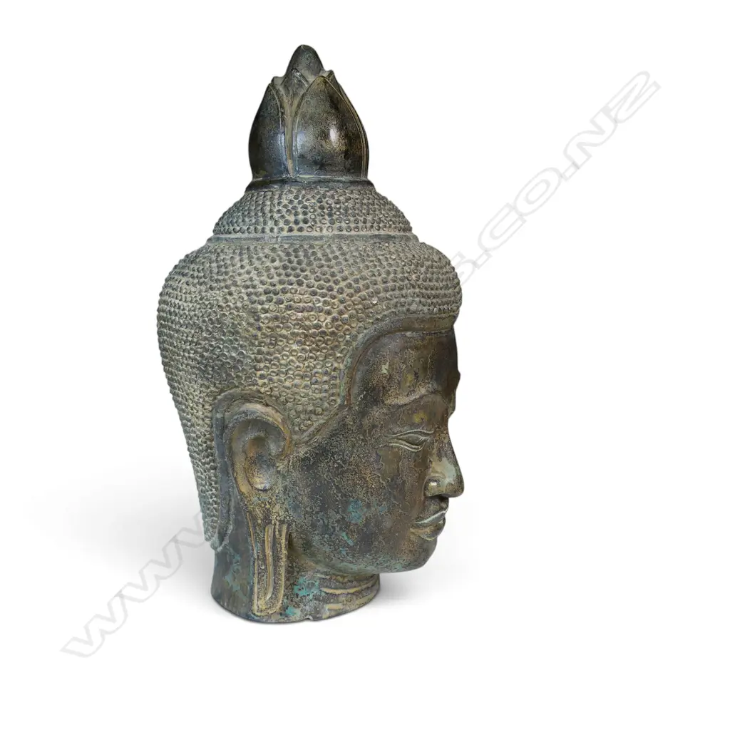 KHMER STYLE CAST BRONZE MEDITATIVE BUDDHA HEAD WITH VERDIGRIS FINISH & GOLD HIGHLIGHTS, AGED PATINA, 320 X 100MM Image 1++