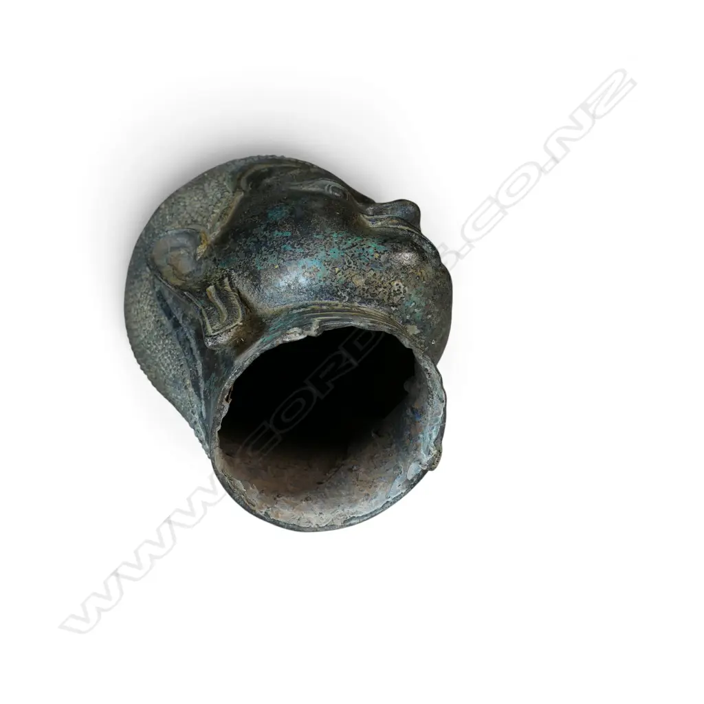KHMER STYLE CAST BRONZE MEDITATIVE BUDDHA HEAD WITH VERDIGRIS FINISH & GOLD HIGHLIGHTS, AGED PATINA, 320 X 100MM Image 1++