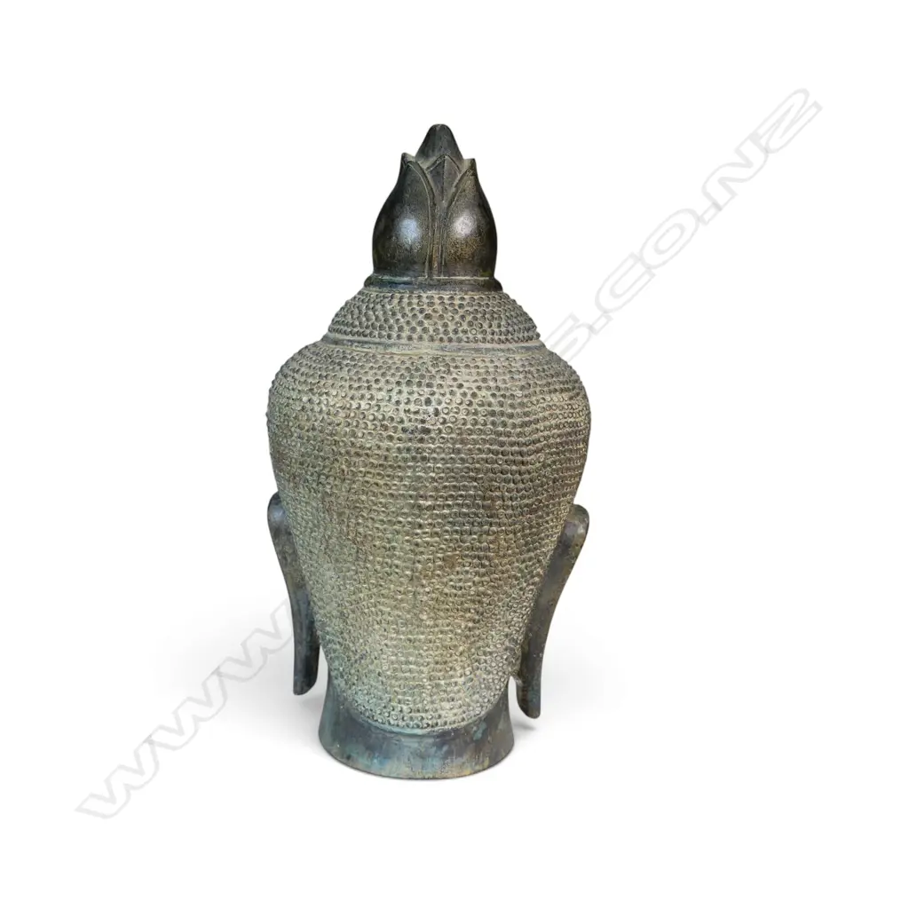 KHMER STYLE CAST BRONZE MEDITATIVE BUDDHA HEAD WITH VERDIGRIS FINISH & GOLD HIGHLIGHTS, AGED PATINA, 320 X 100MM Image 1++