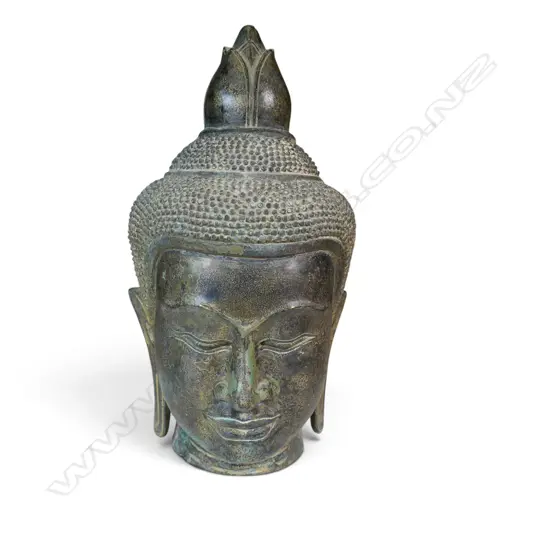KHMER STYLE CAST BRONZE MEDITATIVE BUDDHA HEAD WITH VERDIGRIS FINISH & GOLD HIGHLIGHTS, AGED PATINA, 320 X 100MM