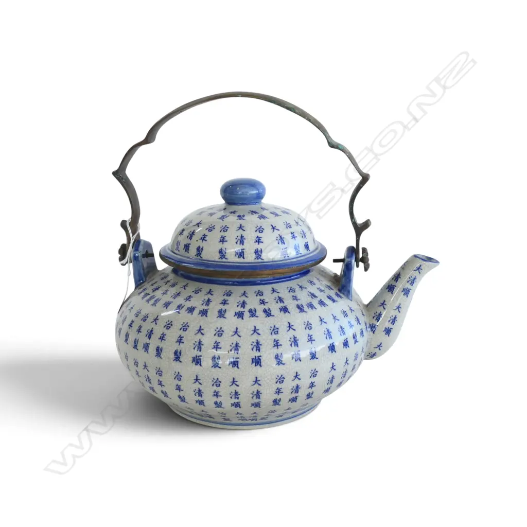 LARGE CHINESE CERAMIC TEAPOT with copper swing handle. Blue calligraphic decoration all-over Image 1++
