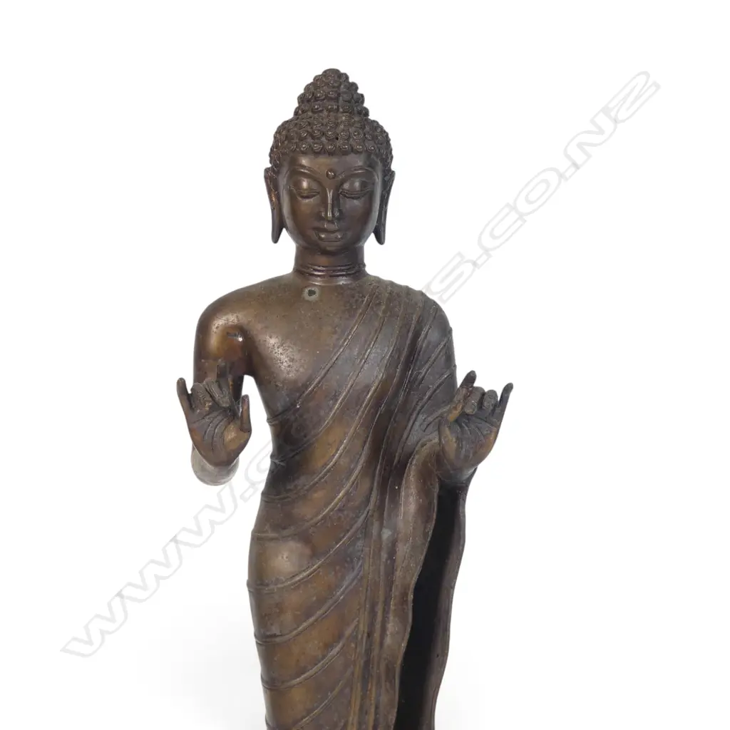 THAI AMARAVATI STYLE STANDING BRONZED  BUDDHA STATUE IN A TEACHING GESTURE ON PEDESTAL, 130 X 450MM Image 1++