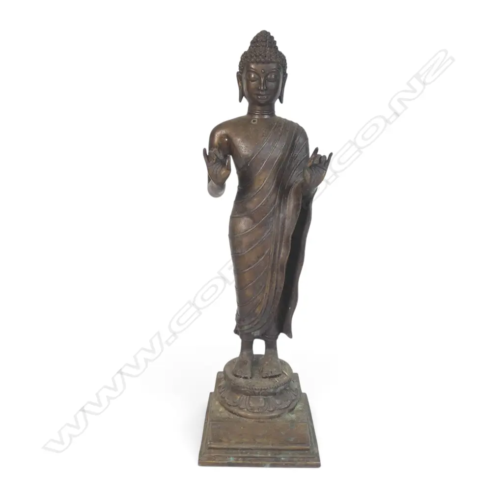 THAI AMARAVATI STYLE STANDING BRONZED  BUDDHA STATUE IN A TEACHING GESTURE ON PEDESTAL, 130 X 450MM Image 1++
