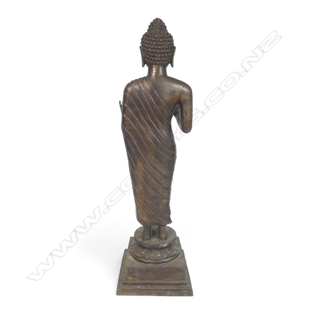 THAI AMARAVATI STYLE STANDING BRONZED  BUDDHA STATUE IN A TEACHING GESTURE ON PEDESTAL, 130 X 450MM Image 1++