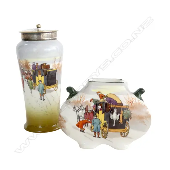ROYAL DOULTON COACHING DAYS RARE WINTER SNOW VARIATION 1905-1915, SUGAR SHAKER & VASE, H.150,90mm