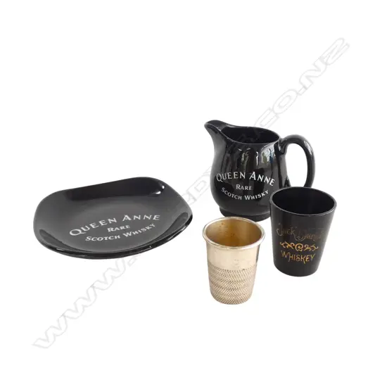 3 WHISKEY ADVERTISING PCES + 'JUST A THIMBLEFUL' CUP