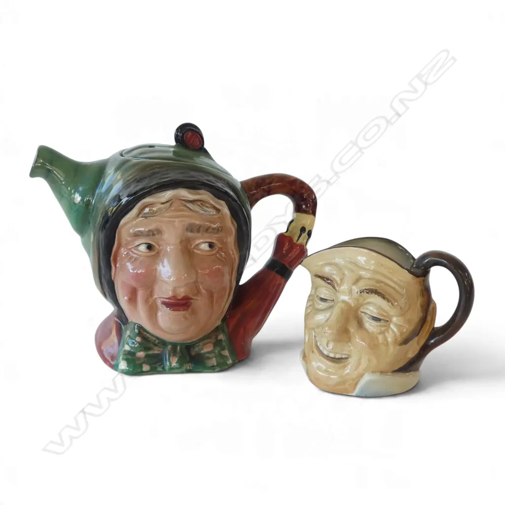 VINTAGE BESWICK WARE 'SAIREY GAMP' CHARACTER TEAPOT, H.140mm & ROYAL DOULTON 'FARMER JOHN' TOBY JUG, H.80mm Image 1++