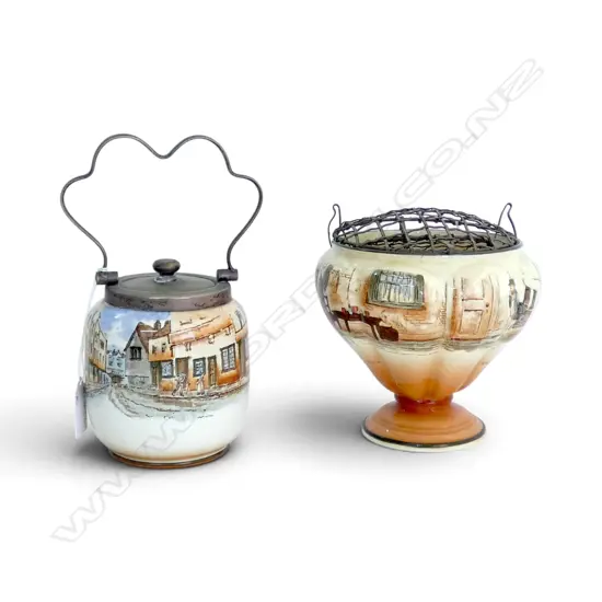 2 PCS ROYAL DOULTON COACHING DAYS; PEDESTAL ROSE VASE & LIDDED SUGAR BOWL, H.140,120mm