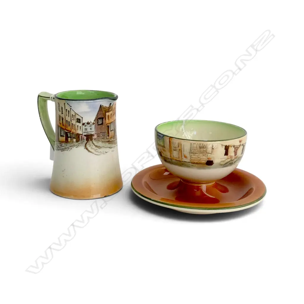 ROYAL DOULTON DICKEN'S WARE FOOTED BOWL & SML JUG, H.90/110mm Image 1++