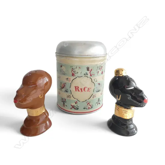 MID CENTURY FEMALE SALT & PEPPER SHAKERS, & WORCESTER WARE RICE TIN, H.150mm (tin)