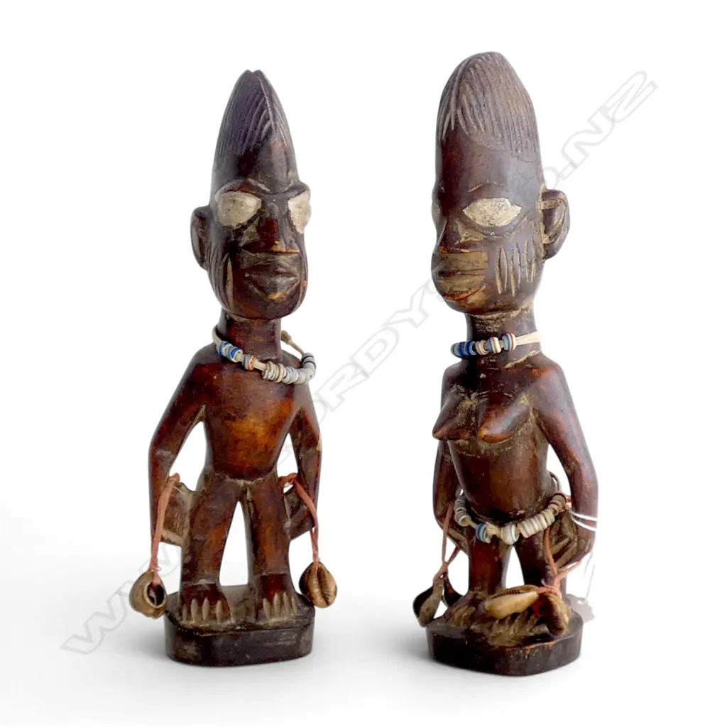 PR OF YORUBA IBEJI TWIN FIGURES adorned w. coloured beads & cowrie shells H.280mm Image 1++