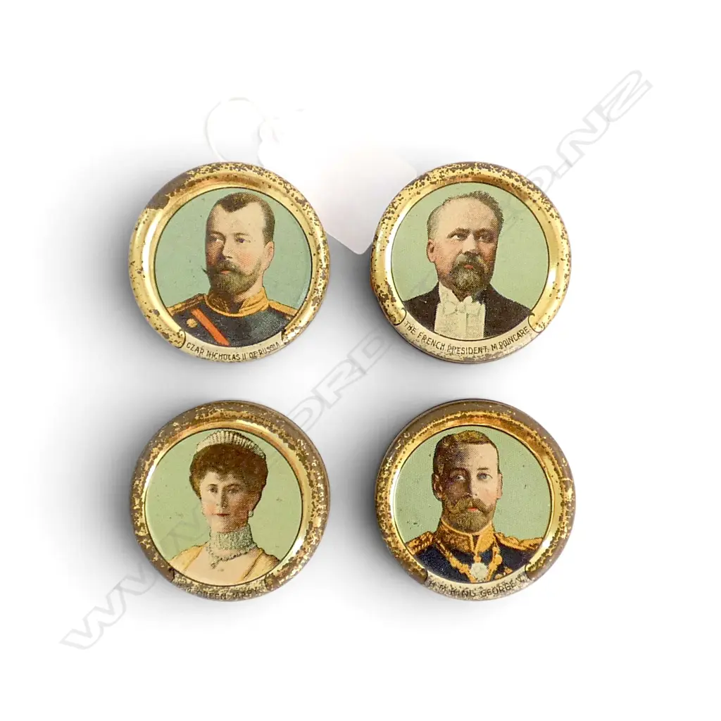  4 ANTIQUE ROYALTY ETC CACHOUS TINS QUEEN MARY, KING GEORGE, FRENCH PRESIDENT, CZAR NICHOLAS, Dia.44mm Image 1++