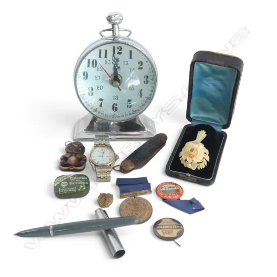 ELGIN GLASS BALL CLOCK & COMPASS (battery holder AF), ROYAL COMM. WARE, BONE BROOCH, etc