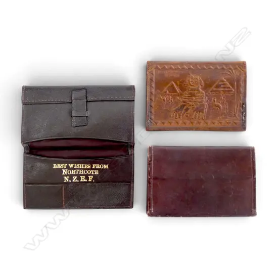 3 OLD LEATHER WALLETS; 'BEST WISHES FROM NORTHCOTE N.Z.E.F.', EMBOSSED LEATHER EGYPTIAN & OTHER 