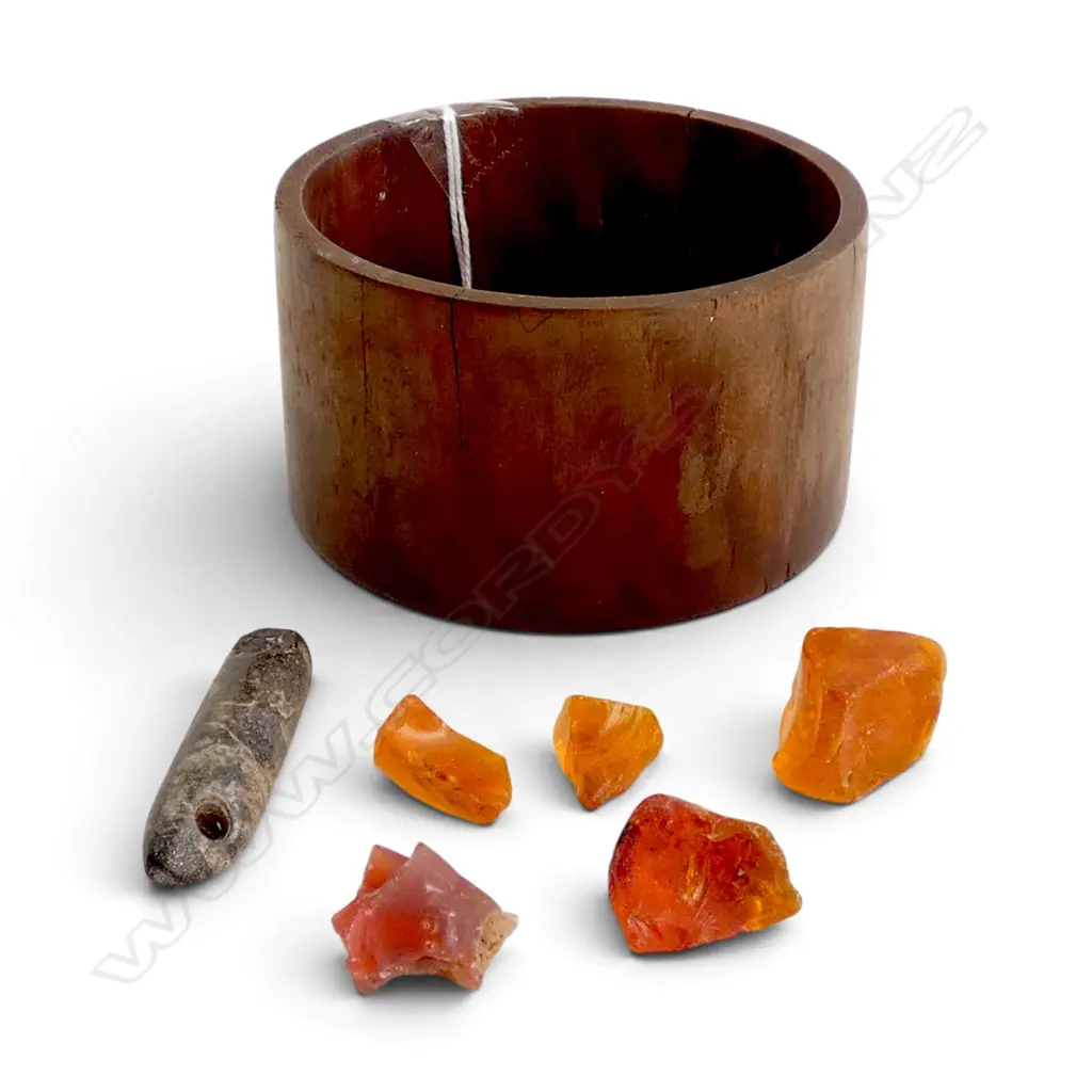 TURNED WOODEN BOWL with faults + PACIFIC ISLAND PART LURE + WORN AMBER GLASS PEBBLES  Image 1++