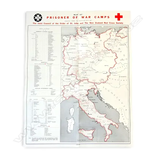 VINTAGE NZ RED CROSS PRISONER OF WAR CAMPS MAP 585x455mm