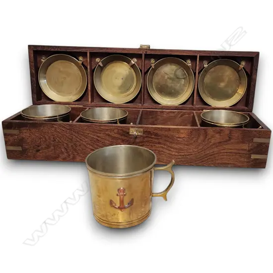 VINTAGE ENGLISH NAUTICAL BRASS CUPS & SAUCES IN WOODEN BOX, SET OF 4