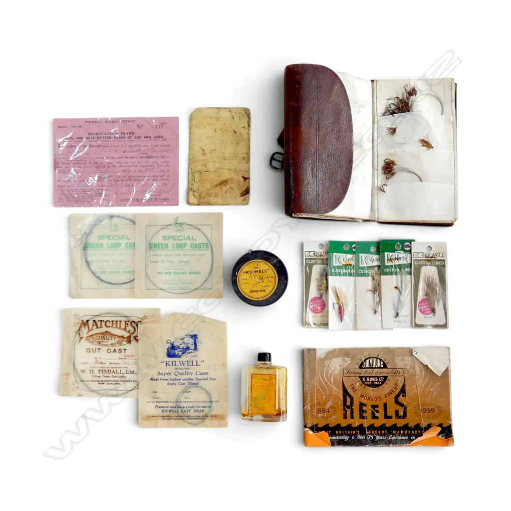 VINTAGE LEATHER FLY WALLET L170MM & CONTENTS WITH LINES ETC Image 1++
