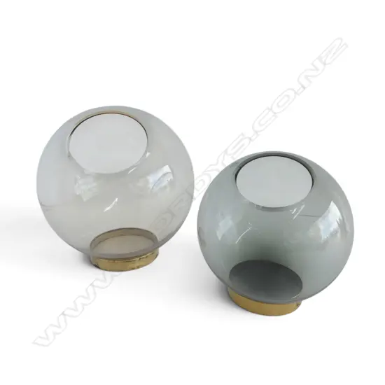 TWO MODERN AYTM DENMARK GLASS GLOBE VASES ON BRASS STANDS, 200mm x 200mm, 160mm x 160mm 