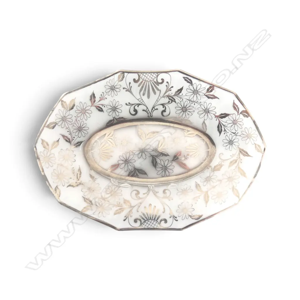 VINTAGE CAMBRIDGE GLASS SERVING TRAY w SILVER WILDFLOWER PATTERN OVERLAY, L.250mm Image 1++