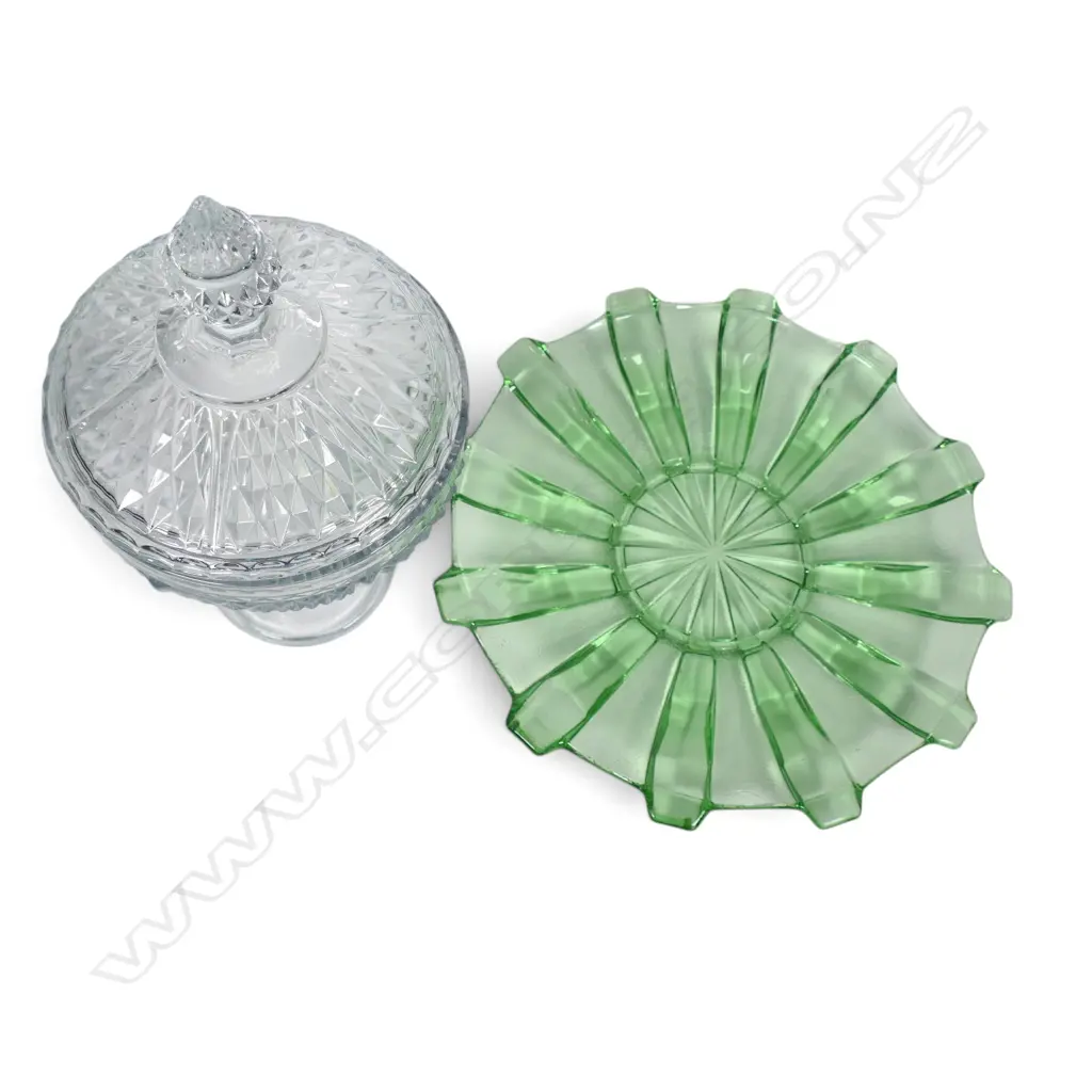 LIDDED GLASS COMPORT + DEPRESSION GLASS BOWL  DIA 310MM Image 1++