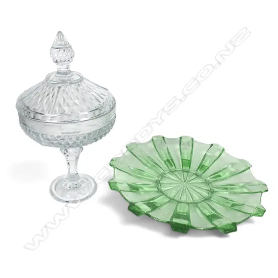 LIDDED GLASS COMPORT + DEPRESSION GLASS BOWL  DIA 310MM