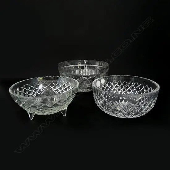 TWO CUT CRYSTAL BOWLS + 1 PRESSED GLASS